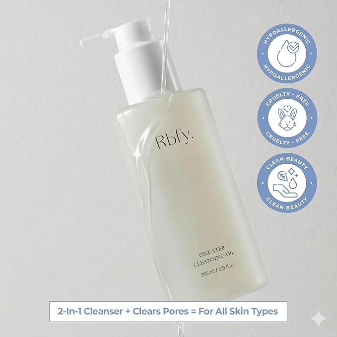 Rbfy. One Step Cleansing Oil - Lightweight Face Cleanser for Makeup, Sebum & Blackhead Removal with Grape Seed Oil | Non-Greasy, Sutiable for All Type Skins | Korean Skincare (6.9 fl oz)