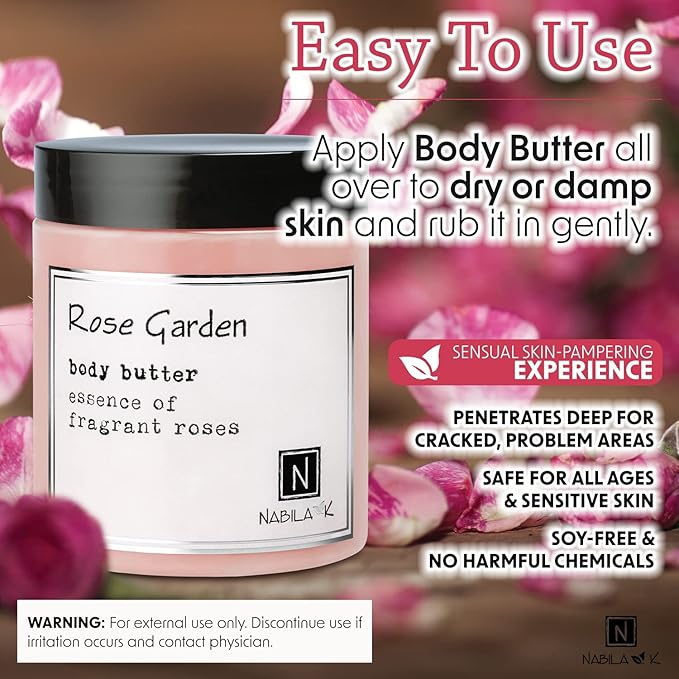 Nabila K - Rose Garden - Body Butter - Daily Moisturizing Skin Care Lotion - Manuka Honey - Shea Butter - Vitamin C - Argan Oil - Deep Hydrating Moisturizer - Natural Ingredients - Body Cream - 2 oz