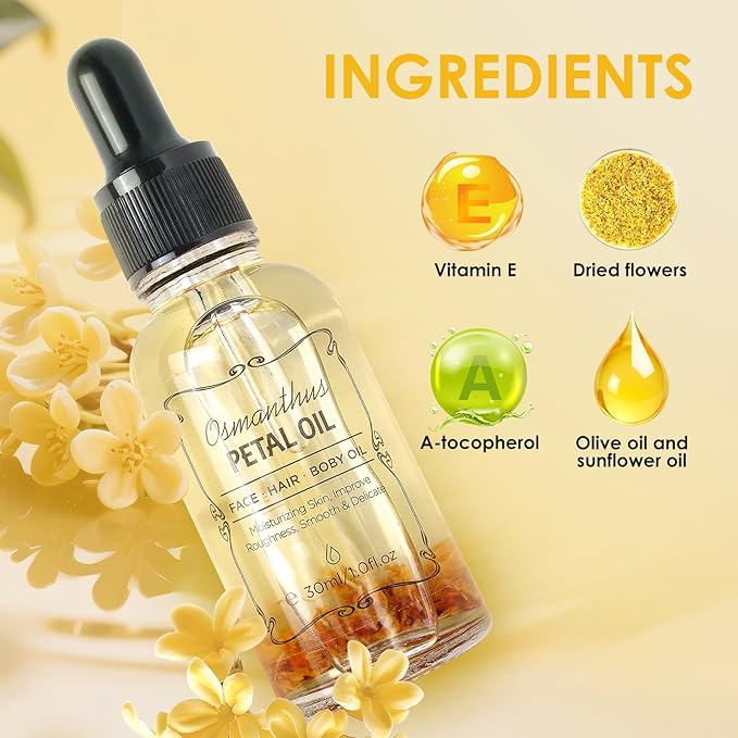 AUSLKA Facial Body Oil Moisturizing Without Greasiness, Natural Massage Essential Oil with Petal Fragrance for Face Body Hand Contains Vitamin E Anti Ageing & Anti Wrinkle, 1 FL.OZ (30ml)