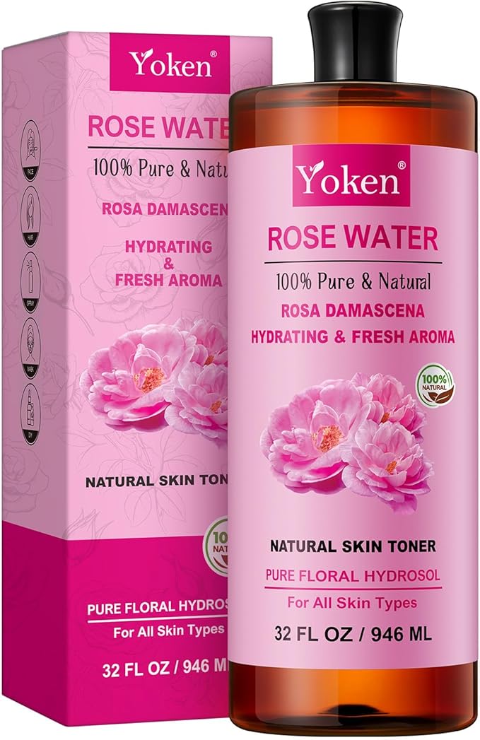 Yoken Pure Rose Water Toner for Face, 32 Fl Oz Bulk, 100% Rosa Damascena Rose Hydrosol, Refreshing Rosewater for Hair, Skin, Aromatherapy, Hydrates & Soothes, Alcohol Free, Chemical Free