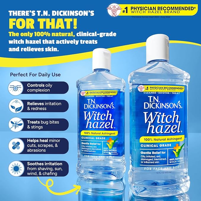 T.N. Dickinson's Witch Hazel 100% Natural Astringent | Pure Witch Hazel | Fragrance Free | Cleanses & Soothes Skin | For Face & Body | Clinical Grade | 8 Fl Oz
