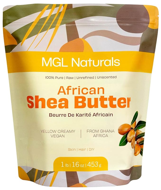 MGL Naturals Shea Butter Yellow Creamy 1 lb, African, Unrefined, and Raw. Nourish and moisturize skin and hair. Use alone or DIY recipes. From Ghana, West Africa. 16 oz pouch