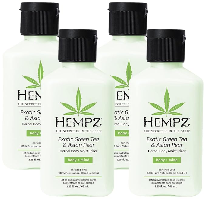 Hempz Exotic Natural Herbal Body Moisturizer with Pure Hemp Seed Oil, Green Tea and Asian Pear, 2.25 Fluid Ounce - Pure, Nourishing Vegan Skin Lotion for Dryness and Flaking with Acai and (Pack of 4)