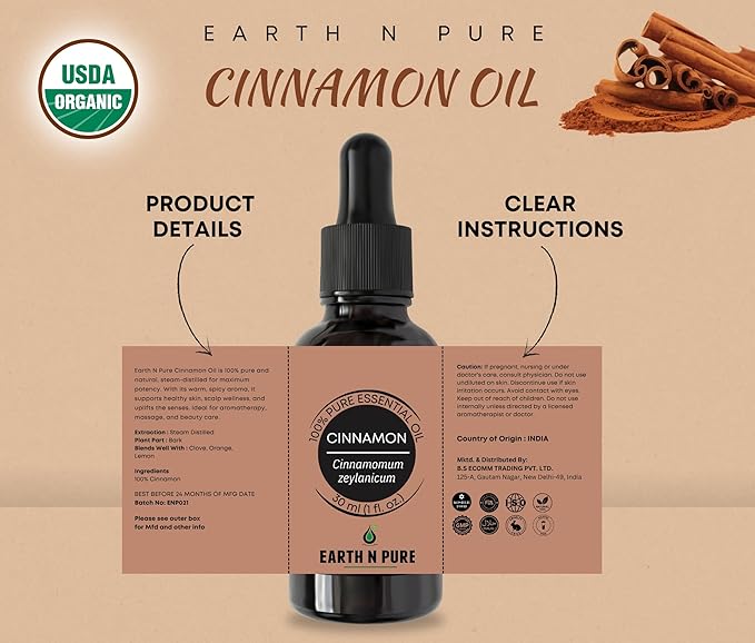 Earth N Pure Cinnamon Essential Oil for Home Fragrance | Best for Aromatherapy | Helps in Meditation | Used in Diffusers, Candles, Air Fresheners, Soaps 30 ML
