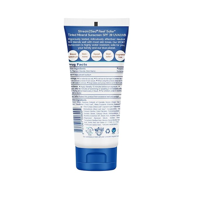STREAM 2 SEA Tinted Sunscreen with SPF 20 All Natural, Biodegradable and Reef Safe, 3 Fl oz Travel Size Paraben Free Non Greasy and Moisturizing Sunscreen For Face, Body Protection Against UVA & UVB