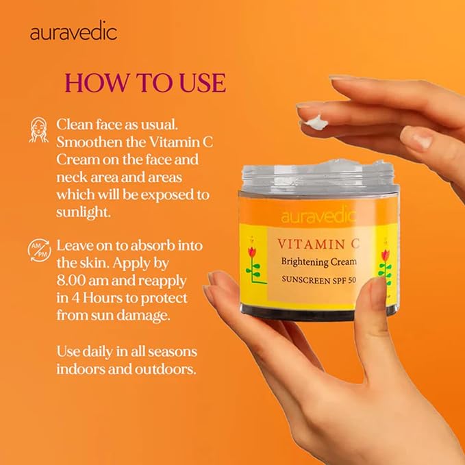 Auravedic Vitamin C Face Cream with SPF 50 for Glowing Skin | Reduces Sun Damage & Revives Dull Skin | Organic Hydration | Argan & Avocado Oil Infused Sunscreen Moisturizer | 3.53 Oz (100g)