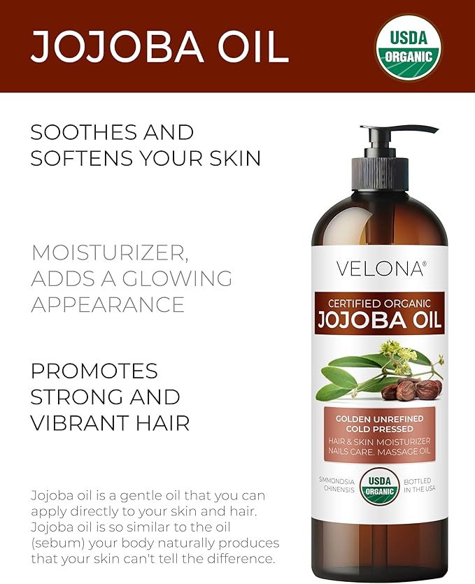velona Jojoba Oil USDA Certified Organic - 8 fl oz (With Pump) | 100% Pure and Natural | Golden, Unrefined, Cold Pressed, Hexane Free | Moisturizing Face, Hair, Body, Skin Care