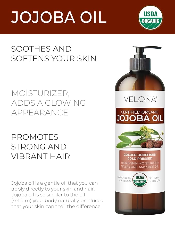 velona Jojoba Oil USDA Certified Organic - 32 fl oz (With Pump) | 100% Pure and Natural | Golden, Unrefined, Cold Pressed, Hexane Free | Moisturizing Face, Hair, Body, Skin Care