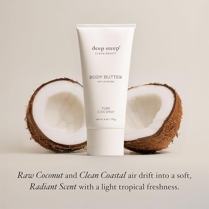 Deep Steep Body Butter, 6 oz – Rich Moisturizer with Ceramides, Coconut Oil, Argan Oil & Aloe Vera – Vegan, Clean Beauty, Smooth & Hydrated Skin (6 Ounces, Pure Coconut)