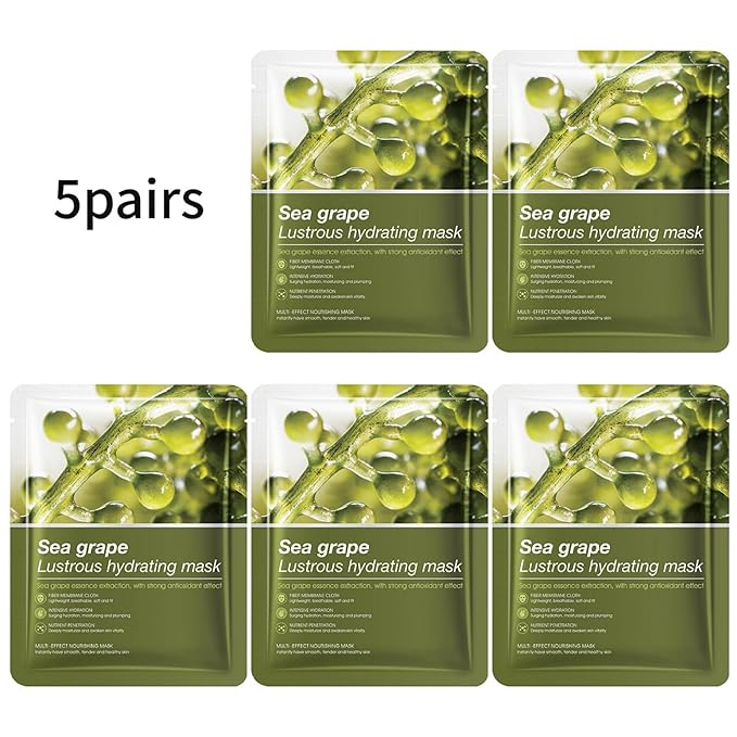 Hydrating Facial Mask Sheet Set of 5, Moisturizing Face Mask for Smooth and Supple Skin, Refreshing Self Care Beauty Sea Grape One Size