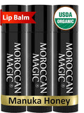 Moroccan Magic Organic Manuka Honey Lip Balm 3 Pack | Ultra-Hydrating Argan & Essential Oil Lip Moisturizer + Vitamin E | Natural Chapstick for Dry Lips | Smooth, Non-Toxic | Organic Lip Balm