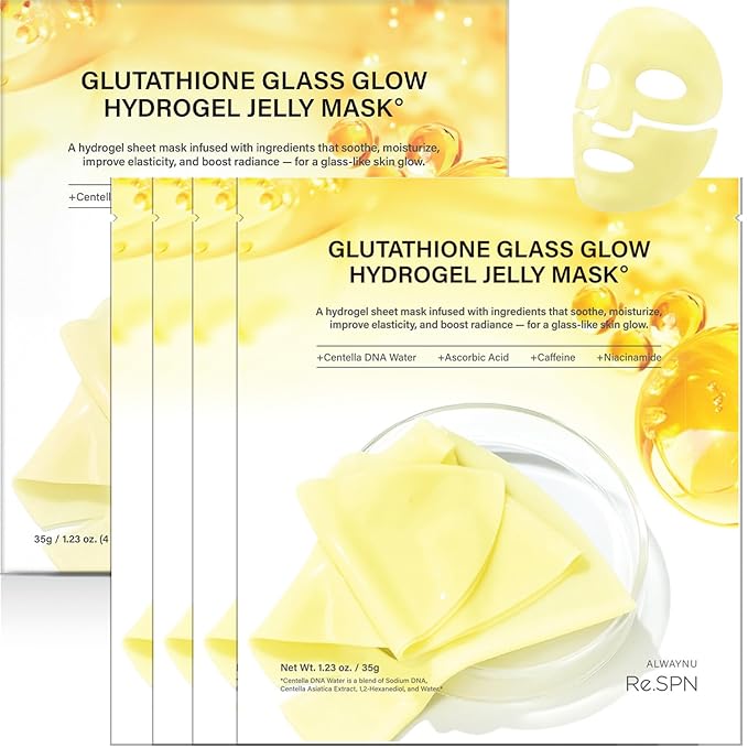 Re.SPN Vegan Cica PDRN Glass Glow Hydrogel Mask - [205% Glow Boost] 4EA, Glutathione & Sodium DNA for Repair, Hydrating & Plumping Korean Face Mask, Firming