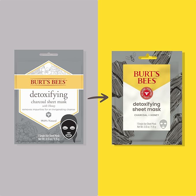 Burt's Bees Detoxifying Charcoal Facial Sheet Mask, Single Use Face Mask, 1 Count, Pack of 4 (Package May Vary)