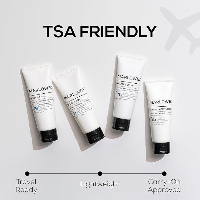 MARLOWE. Mens Face and Body Mini Kit – TSA Friendly Body Wash, Body Lotion, Facial Scrub & Facial Moisturizer (3.4 oz Each)