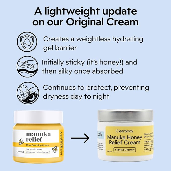 Clearbody Organics Manuka Honey Cream - Oatmeal Lotion - 4 Fl Oz - Eczema Cream - Natural Ointment for Eczema Manuka Honey Hydration Body Lotion