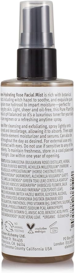 elemeni Hydrating Rose Facial Mist, 4.2 fl oz, Soothing Nourishing Moisturizing Rosewater Spray, Makeup Primer, Boost Liquid Foundation Hydration, Toning Witch Hazel, Vitamins B5 C and Hydrosol Spritz