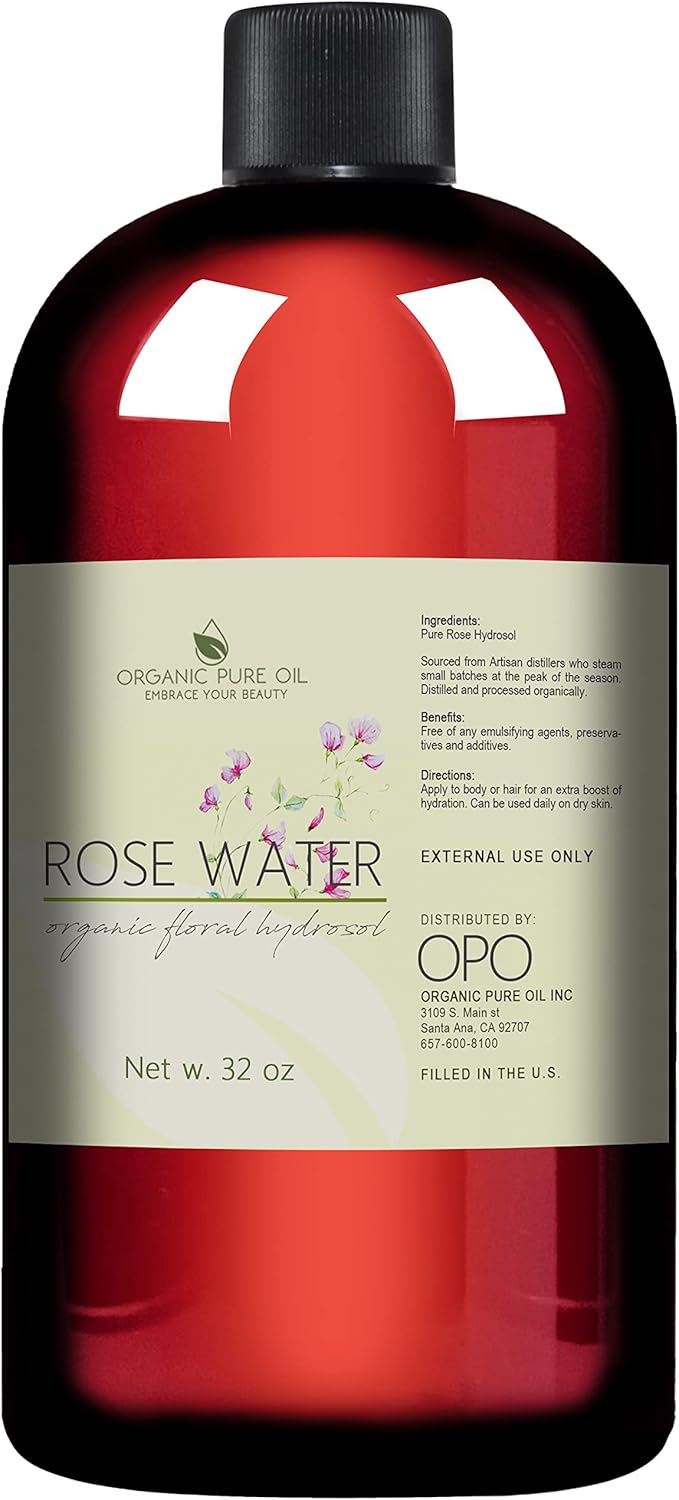 Rose Hydrosol Water, Pure Rosewater Spray Mist Bulk, Hydrating Face Toner Rose Water for Skin and Hair Linen Spray for Sheets Room Freshener Body Spray Refill By Organic Pure Oil, 32 oz