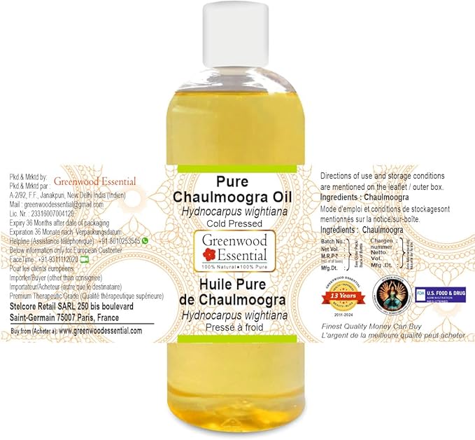 Greenwood Essential Pure Chaulmoogra Oil (Hydnocarpus wightiana) Cold Pressed 200ml (6.76 oz)
