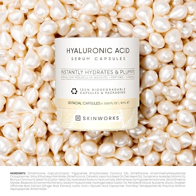 SKINWORKS Hyaluronic Acid Serum for Face, Anti Aging Serum for Fine Lines & Wrinkles, Hydrating Glow, Face Moisturizer Plump & Repair Dry Skin, Unscented, 30 Capsules