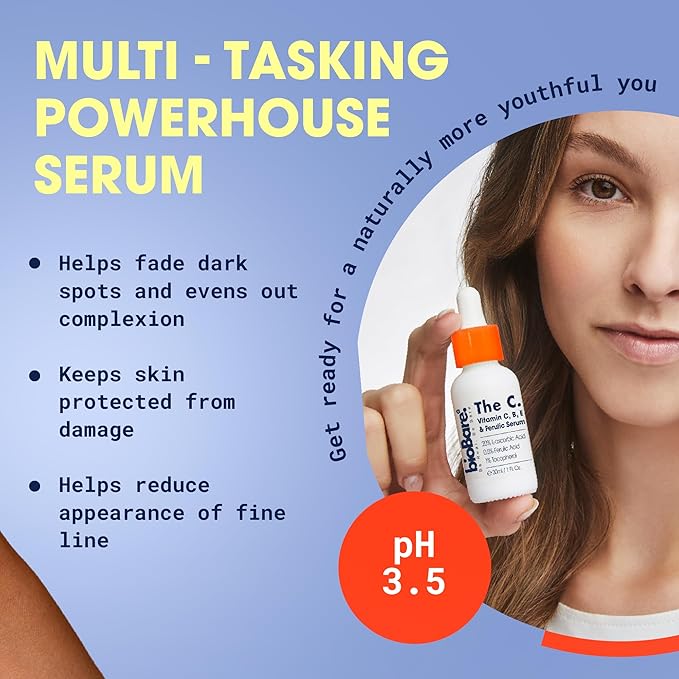 bioBare® Vitamin C, B, E & Ferulic Serum | 20% Pure Vitamin C Facial Serum with Hyaluronic Acid, Niacinamide & Ferulic Acid | L-Ascorbic Acid Serum for Dark Spots, Fine Lines, Wrinkles, Uneven Skin