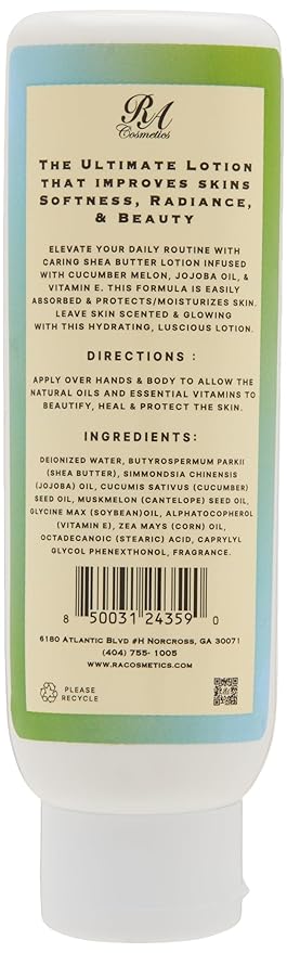 RA COSMETICS Shea Butter Body Lotion with Cucumber Melon & Jojoba Oil Hand & Body Moisturizer with Vitamin E 6 oz