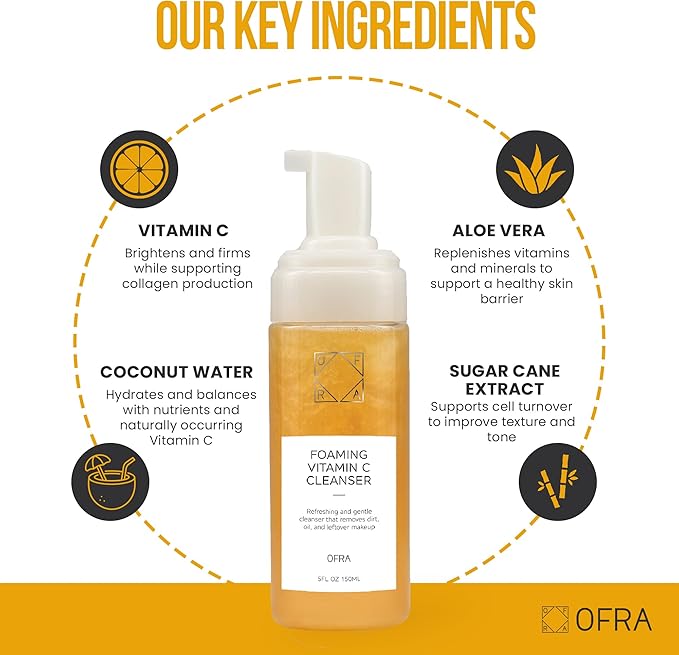 OFRA Cosmetics Foaming Vitamin C Cleanser - Frothy Face Wash Cleaner for Smooth & Glowing Skin - Daily Cleansing Skin Care for Removing Makeup, Dirt & Oil - Gentle Vegan Formula - Citrus Scent, 150mL