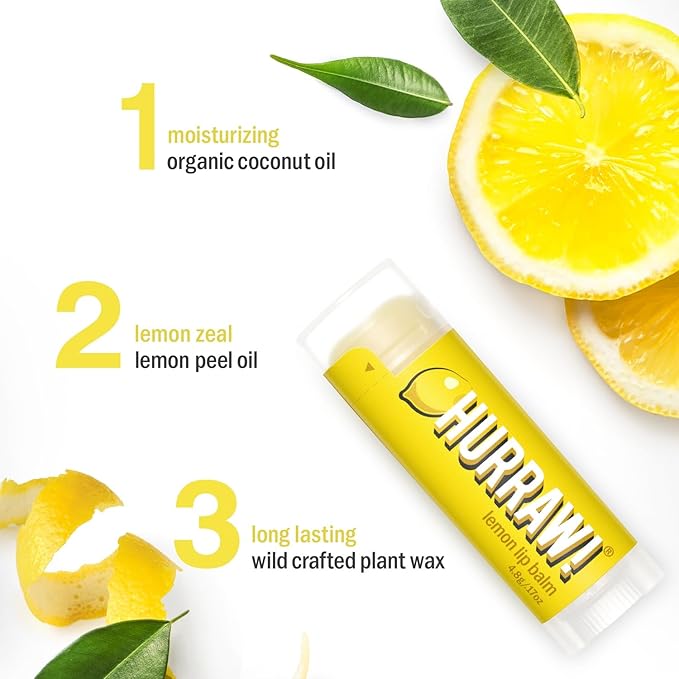 Hurraw! Lemon Lip Balm, 3 Pack: Organic, Certified Vegan, Cruelty and Gluten Free. Non-GMO, 100% Natural Ingredients. Bee, Shea, Soy and Palm Free. Made in USA
