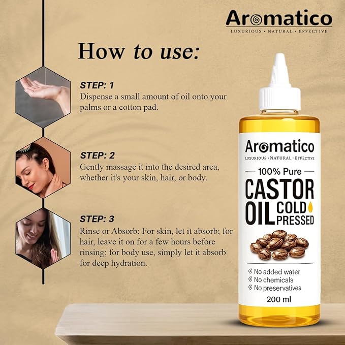 Aromatico 100% Pure Cold Pressed Castor Oil for Hair, Eyelashes & Eyebrows – Natural Carrier Oil for Scalp, Beard & Skin Care – Thick Conditioning Oil for Dry Scalp, DIY Beauty & Bulk Use – 7 fl oz