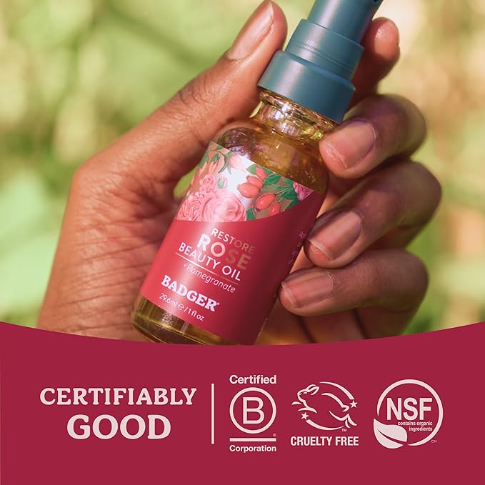Badger Rose Face Cleansing Oil, Organic Facial Oil Cleanser & Makeup Remover, Oil Cleansing Method, Non-Greasy Moisturizing Skin Balancing Gentle Face Cleanser w/Pure Rose Oil, 2 fl oz Glass Bottle