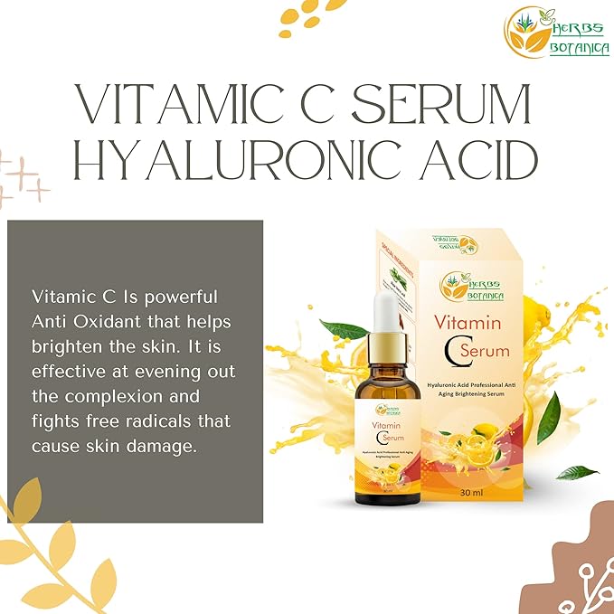 Herbs Botanica Vitamin C Serum For Face with Hyaluronic For Anti Aging Hydrating & Serum for Dark Spots, Fine Lines, Includes Vitamin E, Organic Aloe Vera and Jojoba Oil 1 fl oz