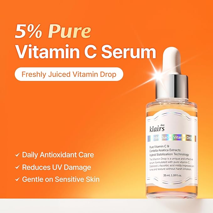 DearKlairs Vitamin C Serum, Gentle 5% Pure Vitamin C & EGF Peptides, for Uneven Skin Tone, Brightening, Dark Spot Care, Sensitive Skin, Non irritating, Korean Skincare 1.18 Fl Oz