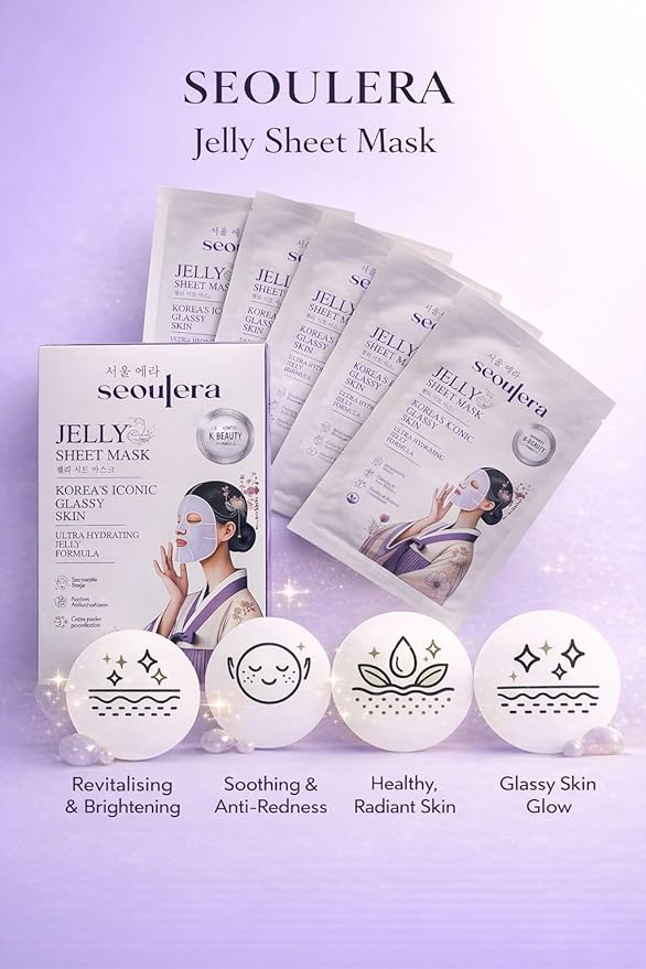 Korean Jelly Sheet Mask, Brightening & Calming Glow, Anti-Redness Hydration for Sensitive Skin, 5 Pack