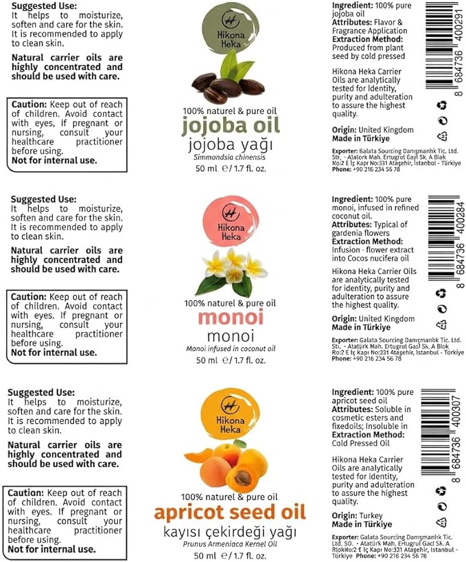Jojoba Oil for Skin, Hair & Nails – Carrier Oils Set, Jojoba, Monoi & Apricot Kernel, 100% Pure Cold Pressed, Carrier Oil for Essential Oils Mixing, 1.7 fl oz Each, 3-Pack