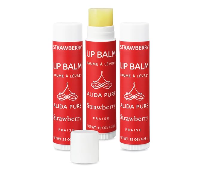ALIDA PURE Strawberry Lip Balm Collection, Vegan, Lip Balm, Beeswax Free, with Avocado Oil, Organic Jojoba Oil, and Vitamin E, Natural Moisturizer for Dry, Chapped Lips, 3 Tube Set