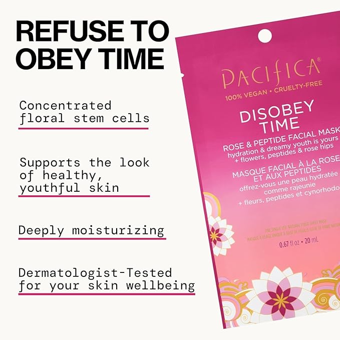 Pacifica Disobey Time Rose & Peptide Facial Sheet Mask 6-PACK Hydrating Anti-Aging Mask for Fine Lines & Dry Skin Infused w/Hyaluronic Acid & Chamomile Clean Vegan & Cruelty-Free Dermatologist Tested