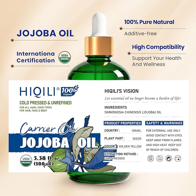 HIQILI 100ML Jojoba Oil Organic for Hair Growth,100% Pure Cold Pressed Unrefined, Included Roller Bottle for Massage - 3.38 Fl Oz