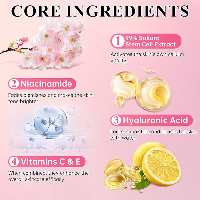 Sakura stem cell serum for face - with Hyaluronic Acid, Niacinamide & vitamin c Facial Serum for Restore smooth skin & Anti Aging & Cell renewal & Enhance skin elasticity, ultra hydrating serum 20 pcs