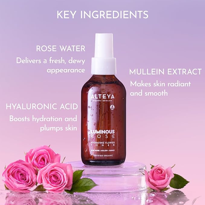 Alteya Оrganic Luminous Rose Hydrating Flower Toner 4 Fl Oz/120 mL – Certified Organic – Purifying, Balancing, Revitalizing – All Skin Types