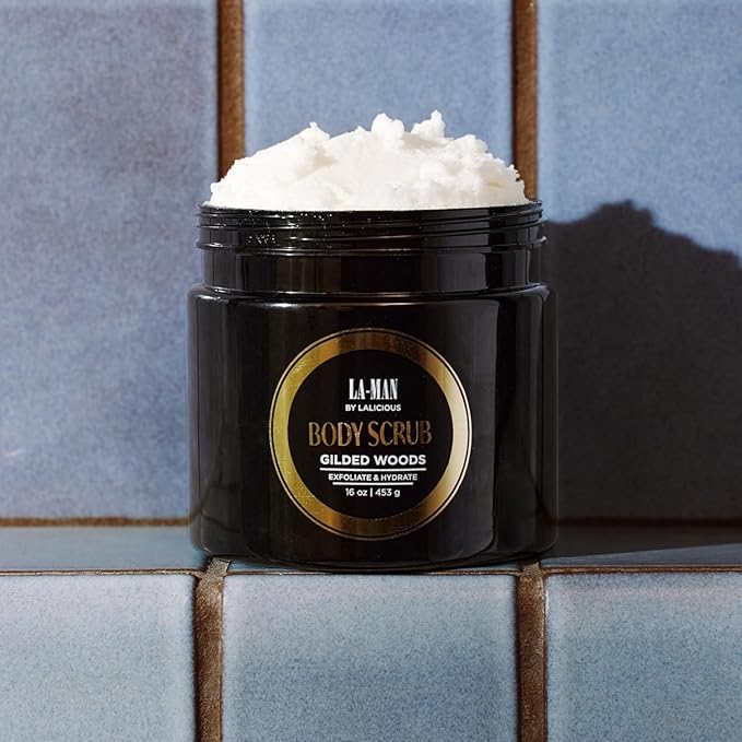 LALICIOUS Gilded Woods La-Man Body Scrub - Exfoliating Sugar Scrub for Men - Body Exfoliator for Dead Skin & Optimal Hydration - Pure Cane Sugar + Coconut Oil Body Scrub 16oz
