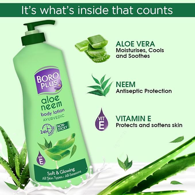 BOROPLUS Aloe Neem Body Lotion | Ultra-Hydrating, Non-Greasy Moisturizer for Very Dry Skin | 24-Hour Deep Nourishment with Aloe Vera & Neem | Fast-Absorbing Body & Hand Lotion | 13.53 Fl Oz (400ml)