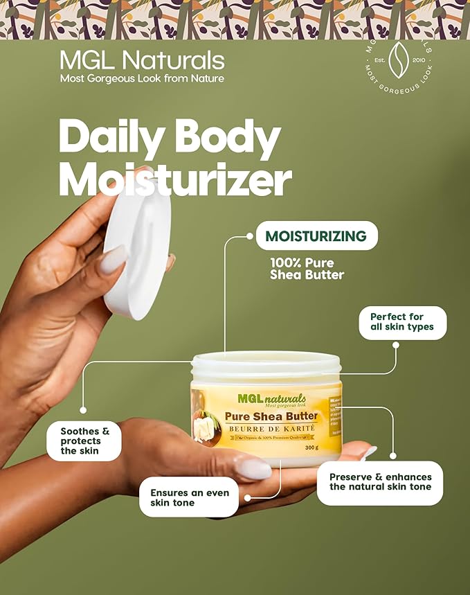 MGL Naturals Unrefined African Shea Butter Ivory whipped, 100% Raw, Organic | Apple and honeysuckle scented. Moisturizing body and hair butter from Ghana. 11 oz / 300g