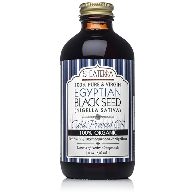 Shea Terra Egyptian Black Seed Cold Pressed Extra Virgin Oil, All Natural Oil to Support Immune System, Encourage Hair Growth & Skin Tone, Assist in Dry Skin, & More, 8 oz