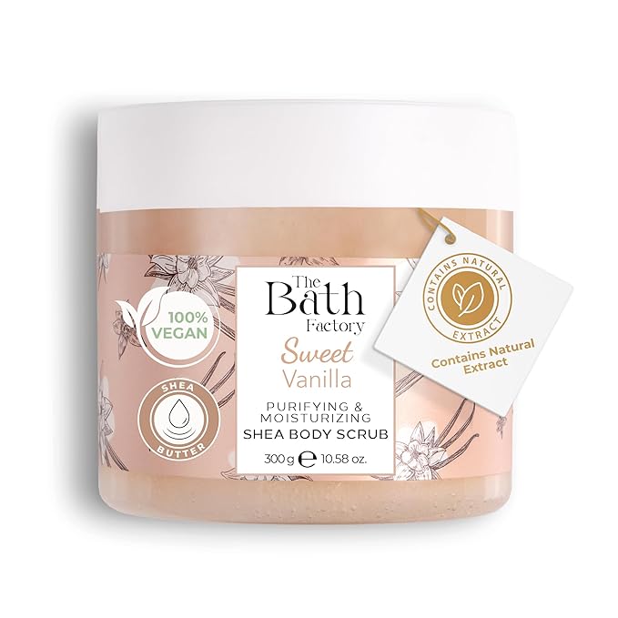 Body Scrub for Exfoliating with Moisturizing Shea Butter, Jojoba Oil, Avocado Oil, Vanilla Extract, Paste, All Skin Types, Unisex, 100% Vegan, Alcohol Free, 10.5 Fl Oz