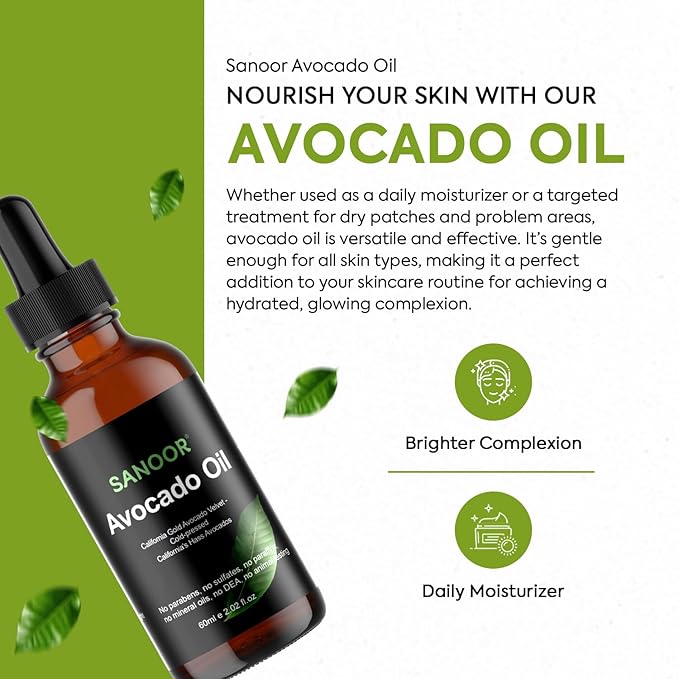 SANOOR California Gold Avocado Oil - 100% Pure & Cold-Pressed - Premium Grade for Hair & Skin with Nutrient-Rich Hair Butter - 2.02oz (60ml)