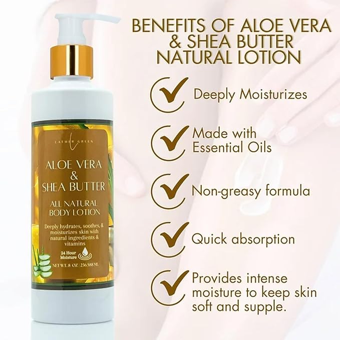 Aloe Vera & Shea Butter Natural Body Lotion for Deep Hydration & Skin Soothing, 8 oz