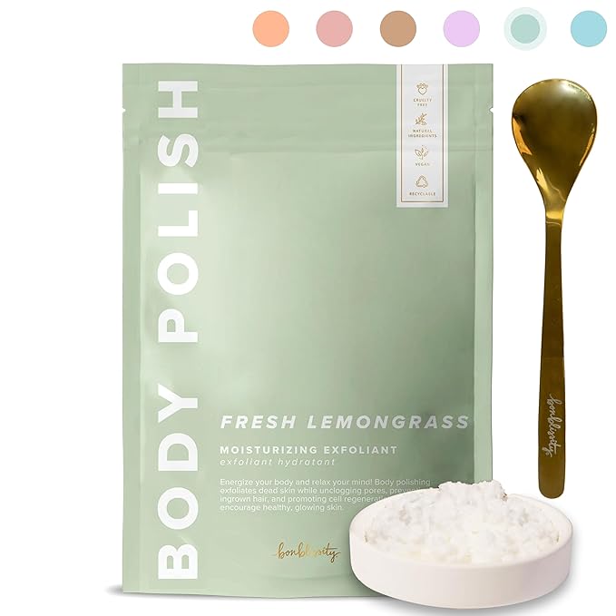 Bonblissity Body Polish, 8oz. - Fresh Lemongrass Scented Body Scrub Exfoliator for Women, Exfoliating Sugar Scrub To Lotion Moisturizer, Gentle Exfoliant for Dry and Sensitive Skin, Handmade in USA