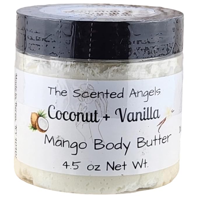 TSA Handmade Whipped Mango Coconut Vanilla Body Butter Cream, Luxury Body Lotion for Dry Skin, Daily Moisturizing Shea Butter, Sunflower Oil, Women, Men, Teens, 4.5 oz Jar (Coconut Vanilla, 4.5 oz)