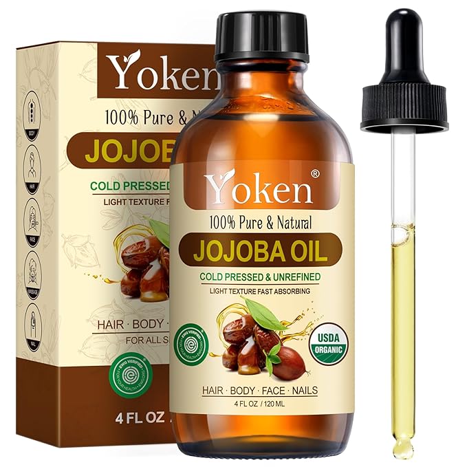 Yoken 4oz Jojoba Oil (EWG Verified) 100% Pure Cold Pressed Jojoba Oil for Face, Hair, Nails and Skin, Unrefined & Hexane Free, Natural Body Facial Moisturizer Multi-purpose oil Base Carrier Oil