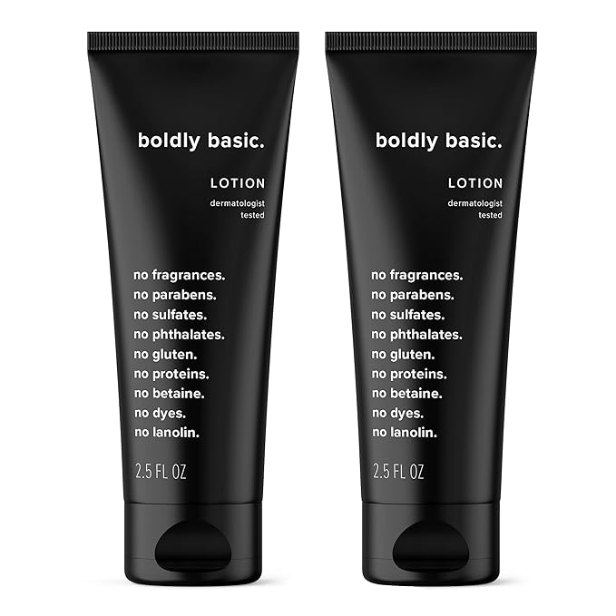 Boldly Basic Fragrance Free Lotion - Moisturizer for Dry and Sensitive Skin - Non Greasy - Unscented - Dermatologist Tested - No Sulfates, Parabens or Gluten - Travel Size 2 Pack (2.5 oz Each)