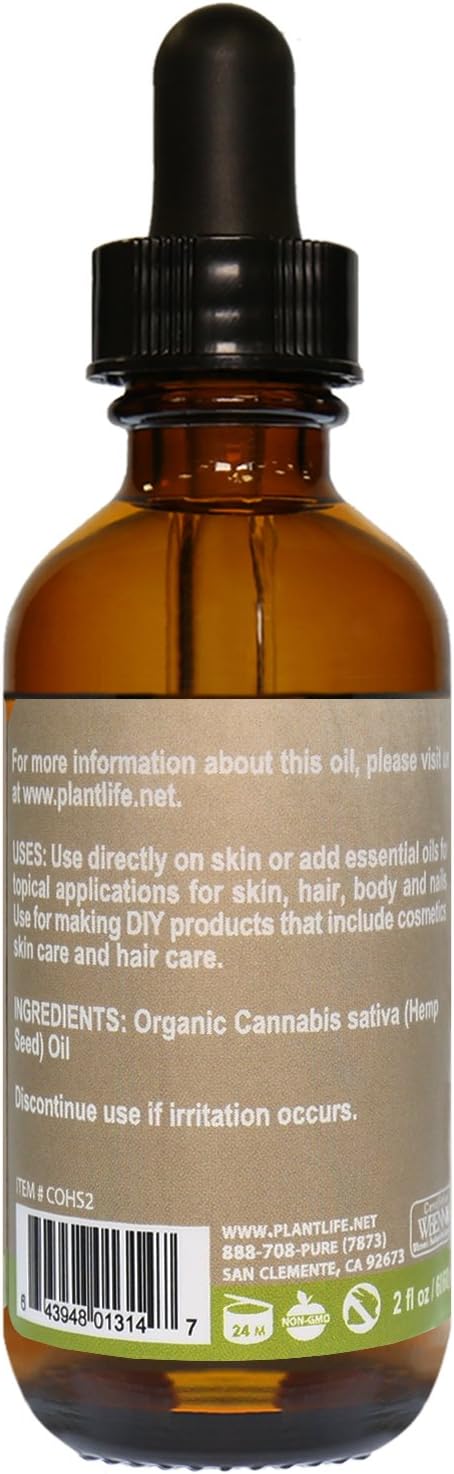 Plantlife Hemp Seed Carrier Oil - Cold Pressed, Non-GMO, and Gluten Free Carrier Oils - for Skin, Hair, and Personal Care - 2 oz